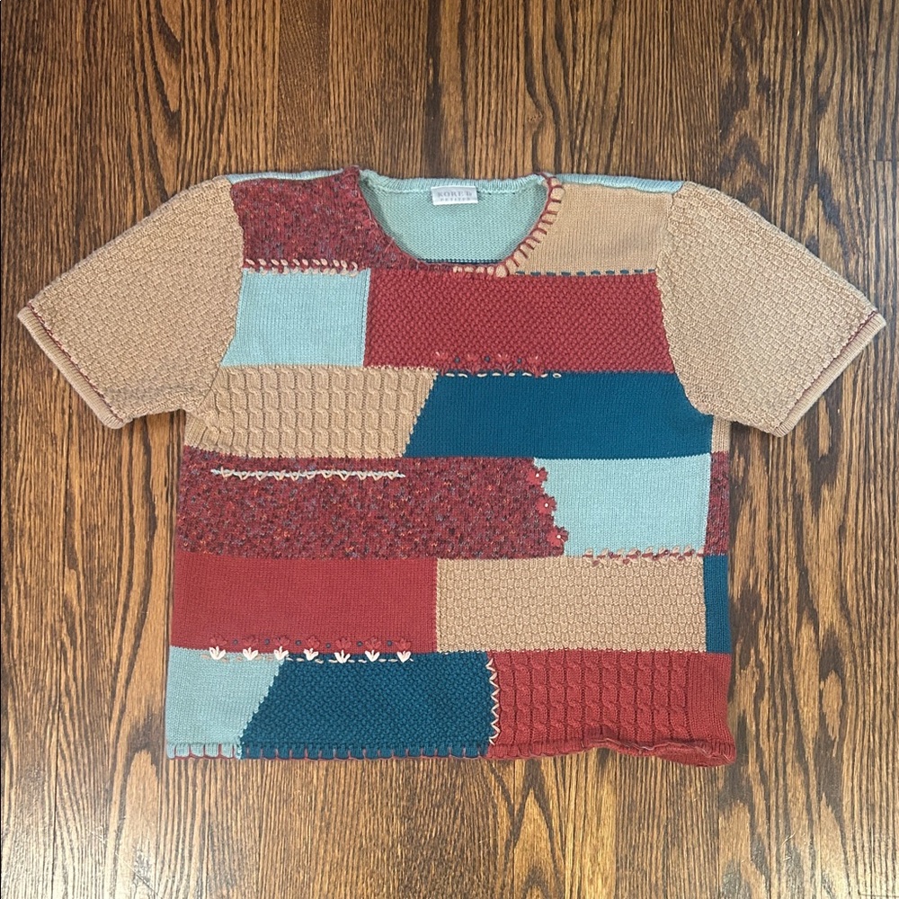 Vintage Koret Patchwork Short Sleeve Cotton Blend Sweater - M